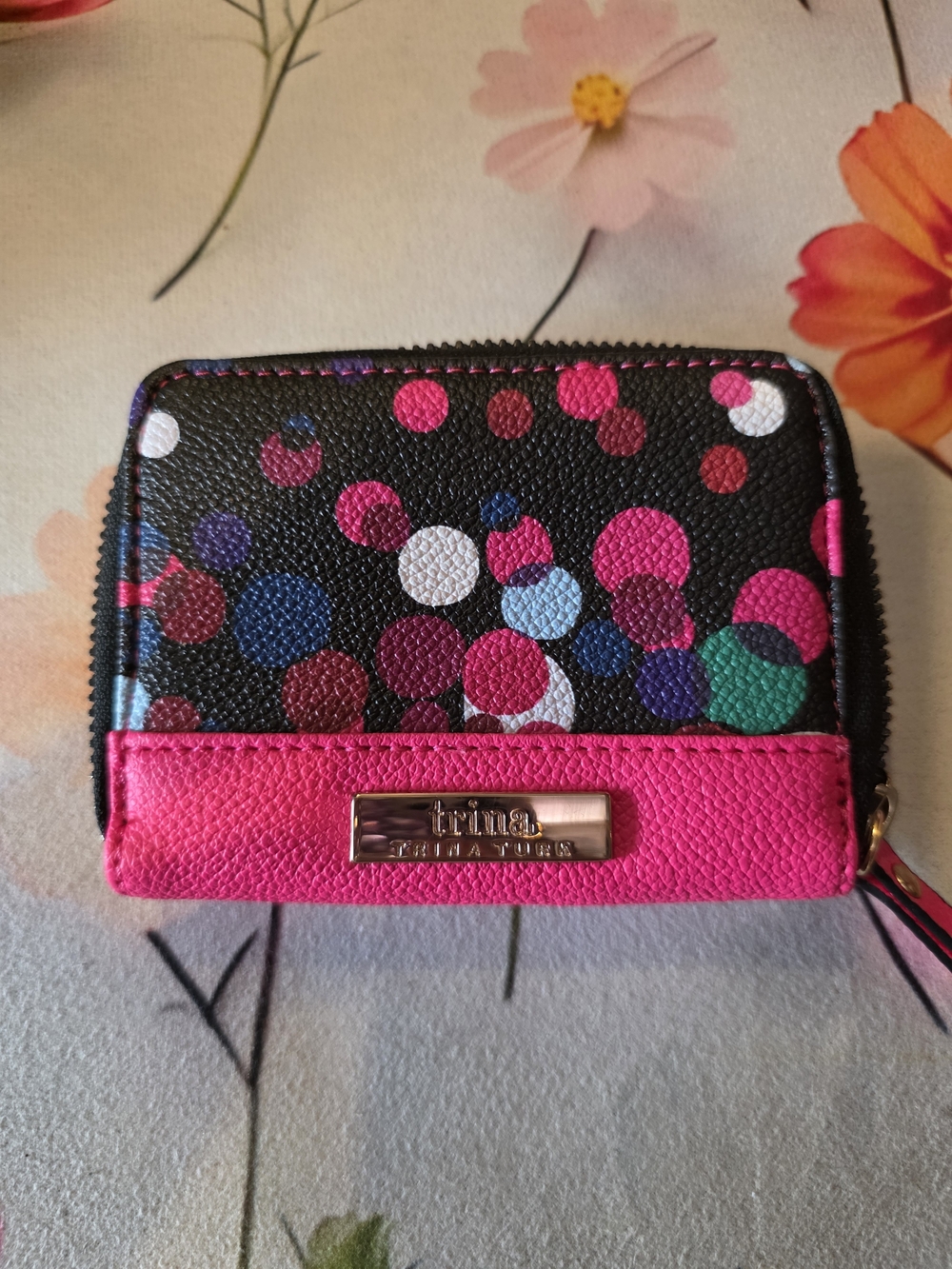 Trina Turk Black Multi Dot Zip Card Case with Pink Trim